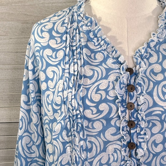 MEXACALI BLUES 100% Cotton Blouse Blue/White Print-Large - Picture 2 of 3